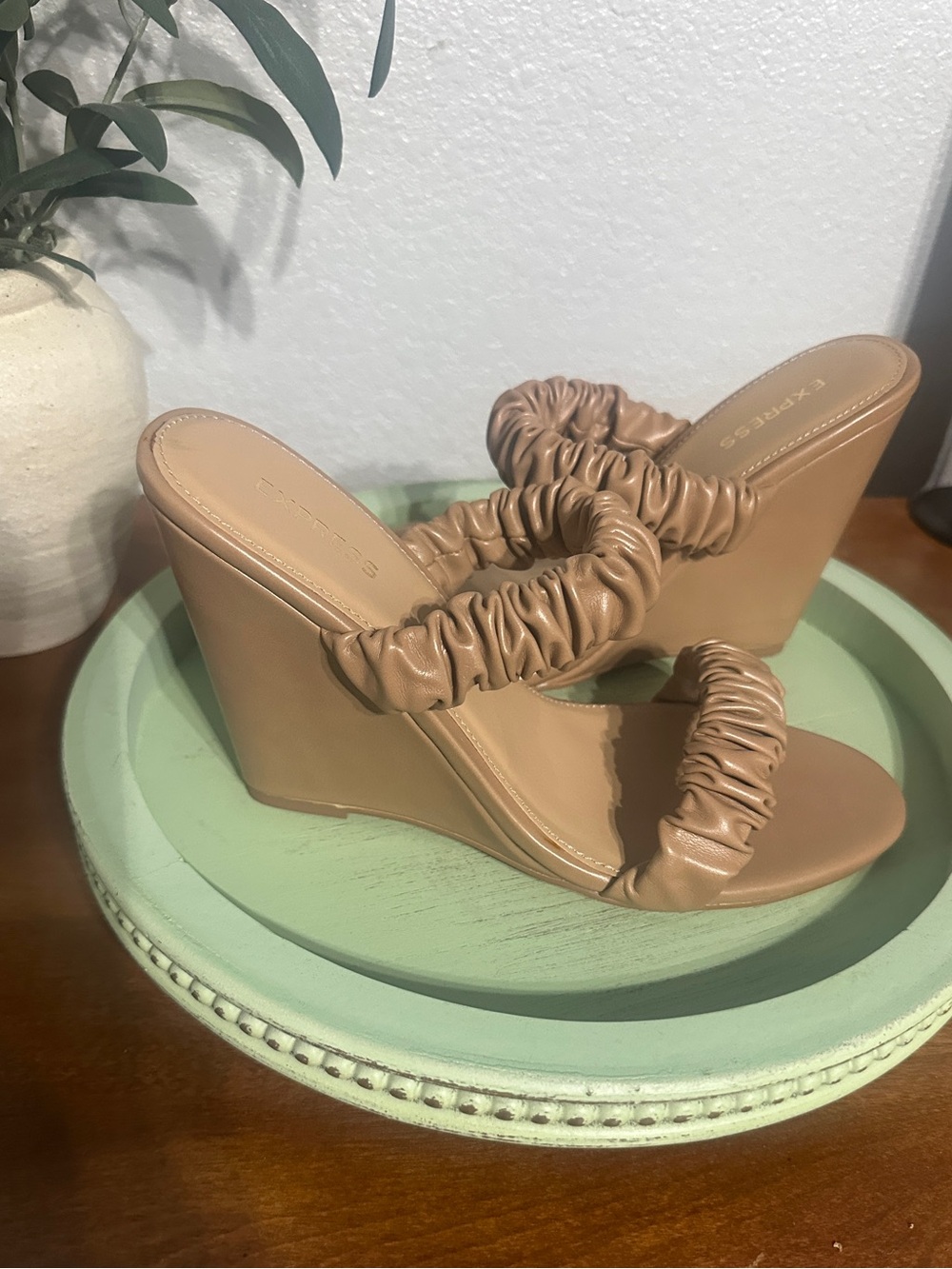Express Wedge Slide Sandals with Ruched Straps - Tan